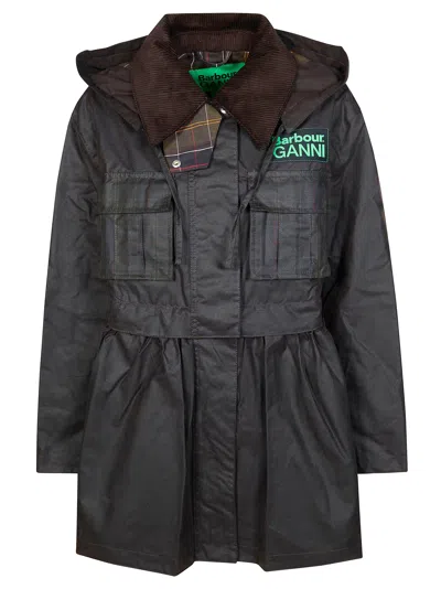 Barbour Dark Brown Jacket With All-over Stripe Motif And Logo Patch On The Front In Waxed Cotton Woman