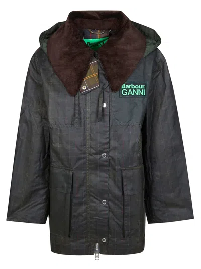 Barbour X Ganni Tartan Waxed Duffle Coat In Green