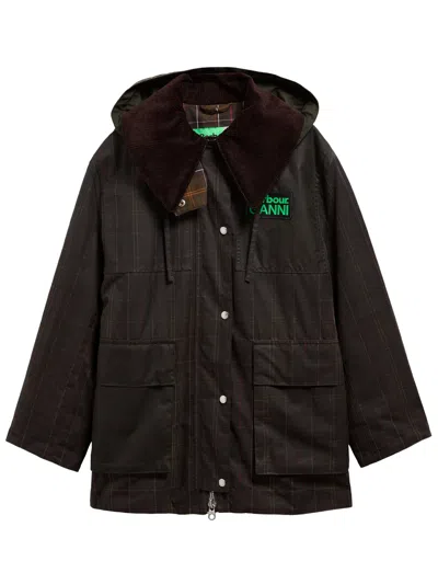 Barbour X Ganni Waterproof Duffle Jacket With Corduroy Collar And Tartan Details In Brown
