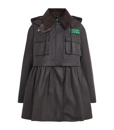 Barbour Dark Brown Jacket With All-over Stripe Motif And Logo Patch On The Front In Waxed Cotton Woman