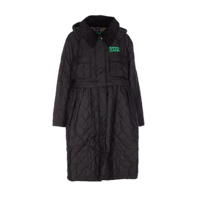 Barbour X Ganni Women Peplum Quilted Long Jacket In Black