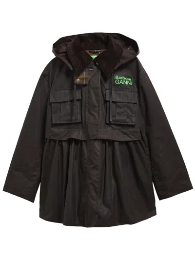 Barbour Dark Brown Jacket With All-over Stripe Motif And Logo Patch On The Front In Waxed Cotton Woman