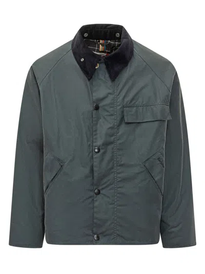 Barbour X Paul Smith Green Waxed Jacket With Velvet Collar In Gray