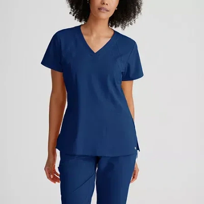 Barco One 5105 Racer 4-pocket Womens V Neck Short Sleeve Tag Free Stretch Fabric Moisture Wicking Scrub Top In Blue