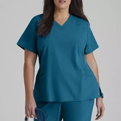 Barco One 5106 Pulse 5-pocket Womens Plus Tall V Neck Short Sleeve Tag Free Stretch Fabric Moisture Wicking Sc In Blue