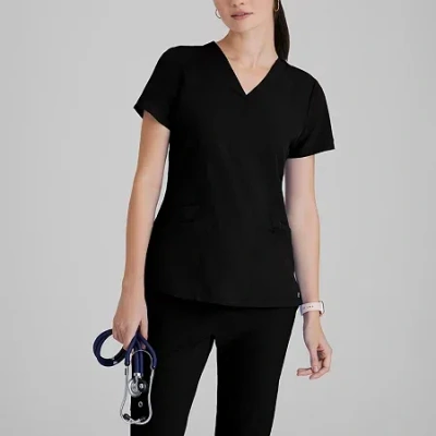 Barco One 5106 Pulse 5-pocket Womens V Neck Short Sleeve Tag Free Stretch Fabric Moisture Wicking Scrub Top In Black