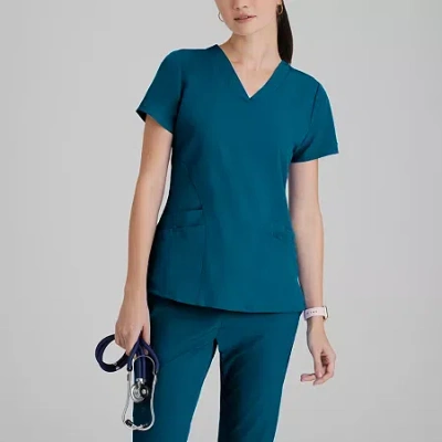 Barco One 5106 Pulse 5-pocket Womens V Neck Short Sleeve Tag Free Stretch Fabric Moisture Wicking Scrub Top In Blue