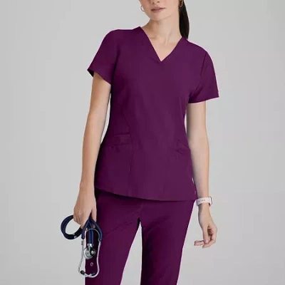 Barco One 5106 Pulse 5-pocket Womens V Neck Short Sleeve Tag Free Stretch Fabric Moisture Wicking Scrub Top In Purple