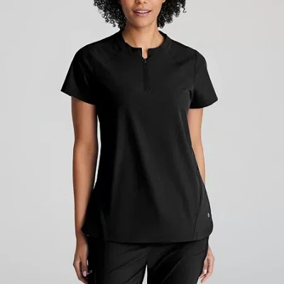 Barco One Bot216 Flux 2-pocket Banded Zip Collar Womens High Neck Short Sleeve Wrinkle Resistant Scrub Top In Black