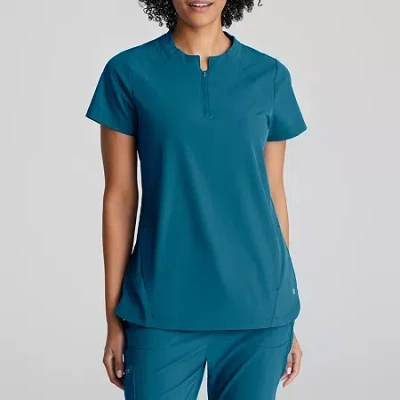 Barco One Bot216 Flux 2-pocket Banded Zip Collar Womens High Neck Short Sleeve Wrinkle Resistant Scrub Top In Blue
