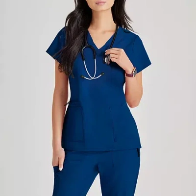 Barco Unify But167 Purpose 4-pocket Womens V Neck Short Sleeve Stretch Fabric Moisture Wicking Wrinkle Resistant In Blue