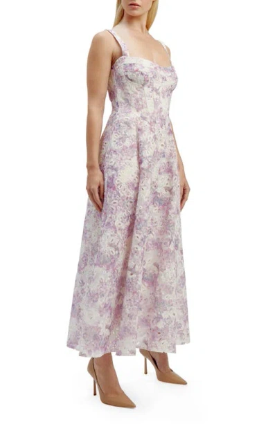 Bardot Adaline Eyelet Floral Corset Midi Dress In Lilac Flor