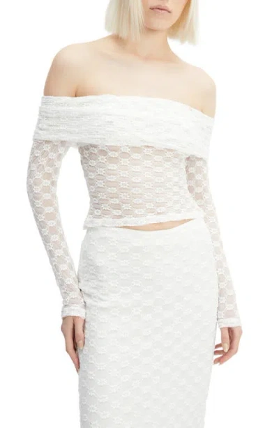 Bardot Adoni Off The Shoulder Embroidered Sheer Mesh Top In Orchid White