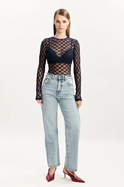 Bardot Adoni Sheer Long Sleeve Top In Navy