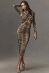 Bardot Aliyah Long-sleeve Cut-out Printed Midi Dress In Brown