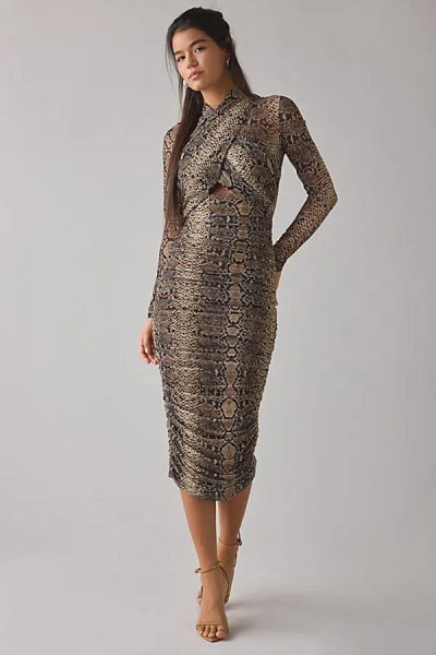 Bardot Aliyah Snakeskin Print Mesh Long Sleeve Cut-out Midi Dress In Snakeskin, Women's At Urban Outfitters In Animal Print