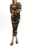 Bardot Althea Floral Long Sleeve Ruched Mesh Midi Dress In Black