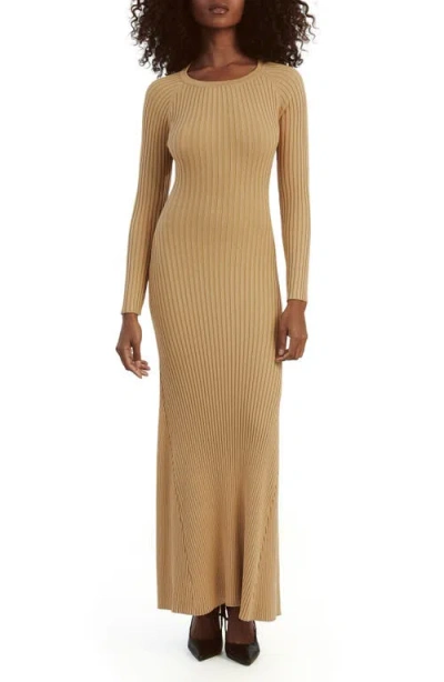 Bardot Amaro Long Sleeve Knit Dress In Soft Camel