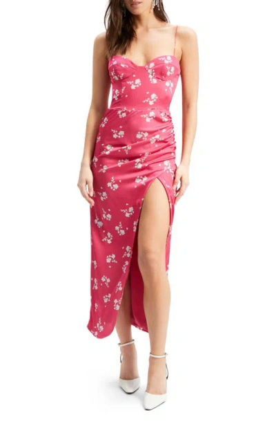 Bardot Amika Floral Print Satin Midi Dress In Hot Pink