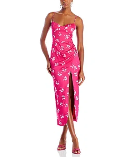 Bardot Amika Floral Print Satin Midi Dress In Hot Pink