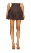 Bardot Amorette Linen Basque-waist Mini Skirt In Brown