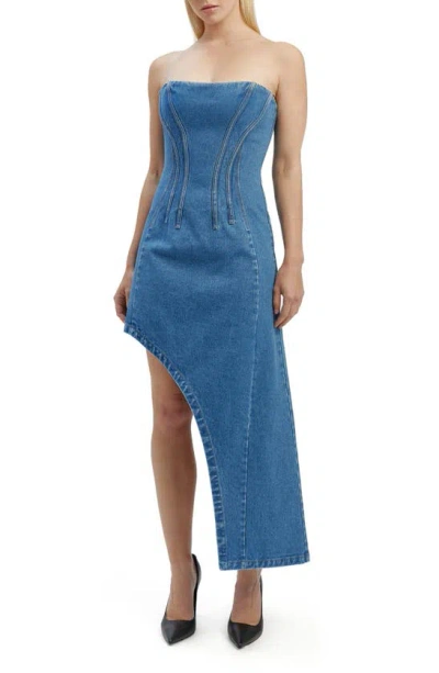 Bardot Amory Strapless Asymmetric Hem Corset Denim Dress In Blue