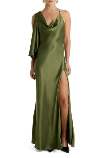 Bardot Anastasia Satin Maxi Halter Dress In Khaki