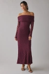 Bardot Andoni Stretch Lace Long Sleeve Off-the-shoulder Maxi Dress In Dark Red, Women's At Urban Outfitters In Red