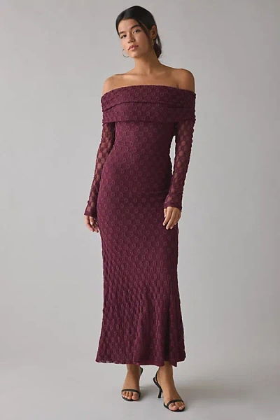 Bardot Andoni Stretch Lace Long Sleeve Off-the-shoulder Maxi Dress In Dark Red, Women's At Urban Outfitters