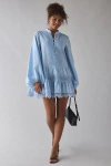 Bardot Antonia Lace Trim Long Sleeve Cotton & Linen Minidress In Blue