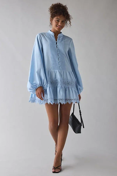 BARDOT ANTONIA LACE TRIM BALLOON SLEEVE SHIRT DRESS IN BLUE, WOMEN'S AT URBAN OUTFITTERS
