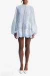 Bardot Antonia Lace Trim Long Sleeve Cotton & Linen Minidress In Blue