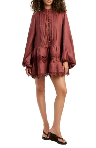 Bardot Antonia Lace Trim Long Sleeve Linen Minidress In Brown