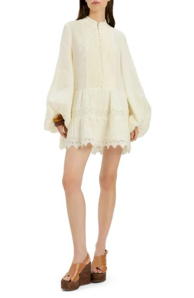 Bardot Antonia Lace Trim Long Sleeve Linen Minidress In Neutral