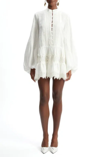 Bardot Antonia Lace Trim Long Sleeve Linen Minidress In Orchid White
