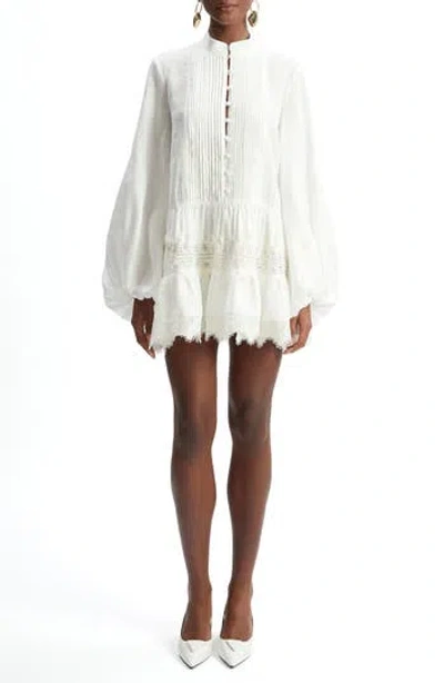 Bardot Antonia Lace Trim Long Sleeve Linen Minidress In Neutral
