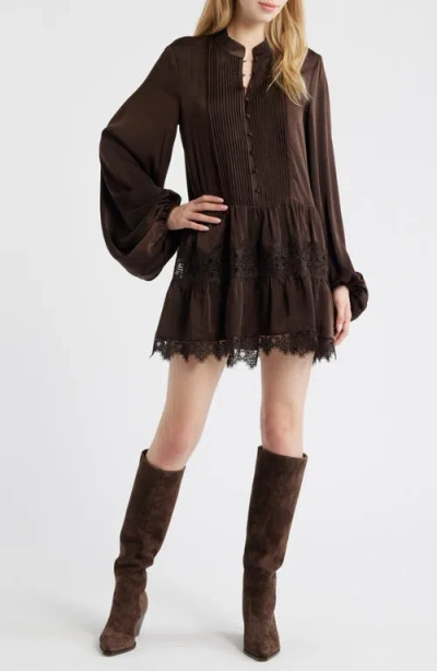 Bardot Antonia Lace Trim Long Sleeve Satin Minidress In Brown