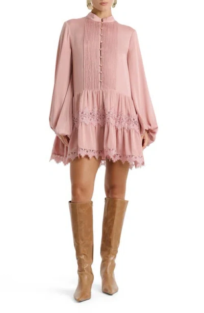 Bardot Antonia Lace Trim Long Sleeve Satin Minidress In Dusty Pink