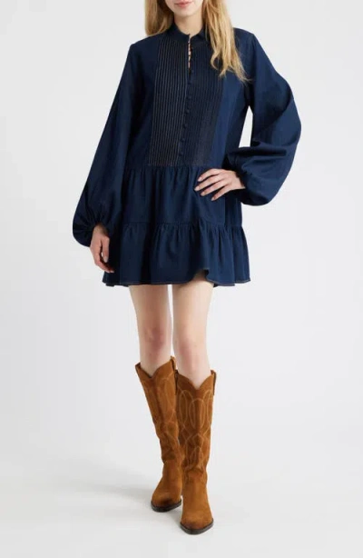 Bardot Antonia Long Sleeve Chambray Minidress In Blue