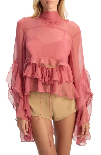 Bardot Anyssa Sheer Chiffon Ruffle Detailing Bell Sleeve Cut Out Blouse In Pink