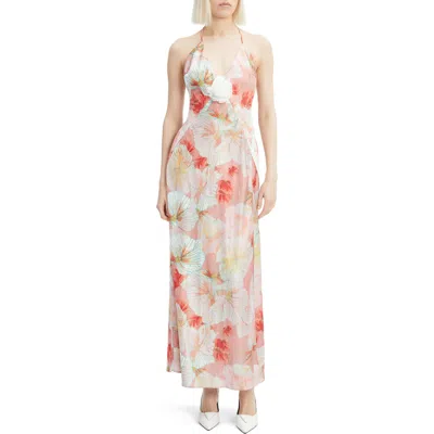 Bardot Aradia Rosette Floral Plunge Halter Gown In Peach Floral