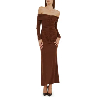Bardot Artura Diamante Off The Shoulder Long Sleeve Maxi Dress In Chocolate