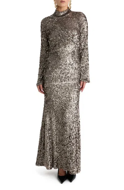 Bardot Astra Sequin Long Sleeve Maxi Dress In Pewter