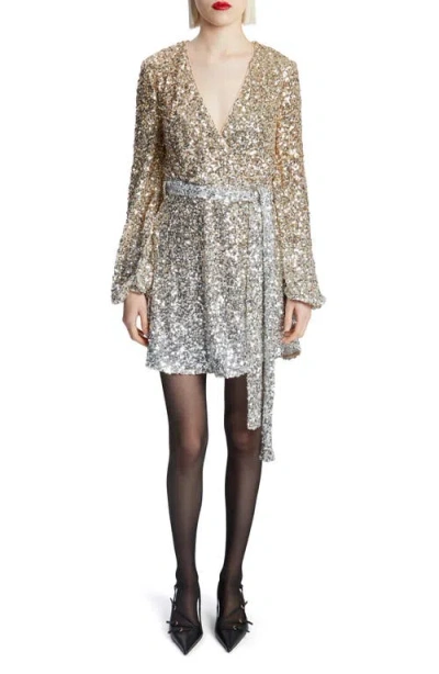 Bardot Bellissa Long Sleeve Sequin Faux Wrap Dress In Gold/silver