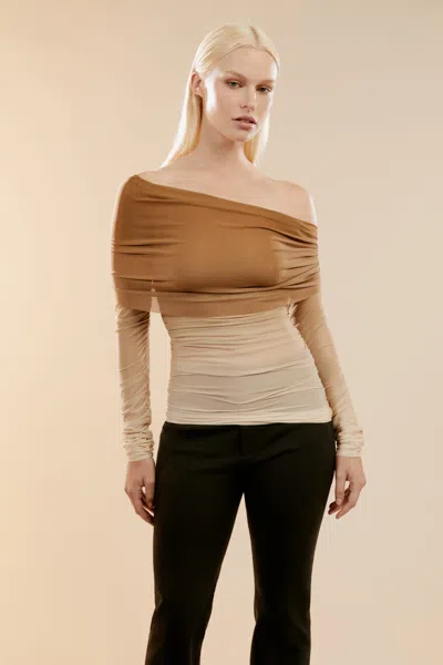 Bardot Camelia Off-the-shoulder Mesh Top In Brown Omb