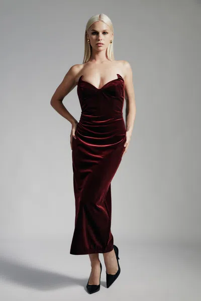 Bardot Camellia Velour Midi Dress In Burgundy