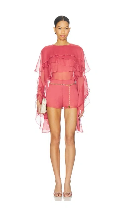 Bardot Carson Chiffon Sheer Ruffle Caped Exaggerated Sleeves Romper In Purple