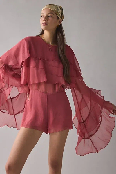 Bardot Carson Chiffon Sheer Ruffle Caped Exaggerated Sleeves Romper In Purple