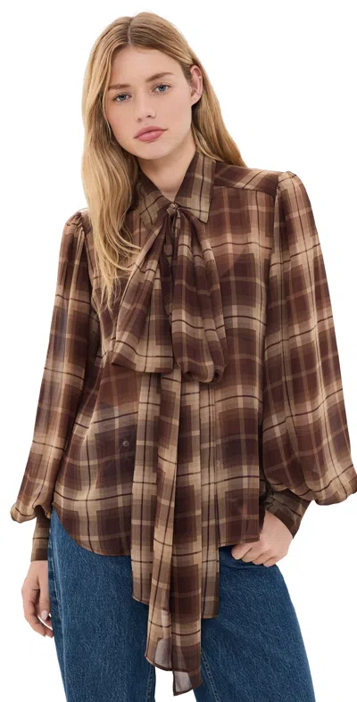Bardot Cecile Scarf Button Down Shirt Brown Check