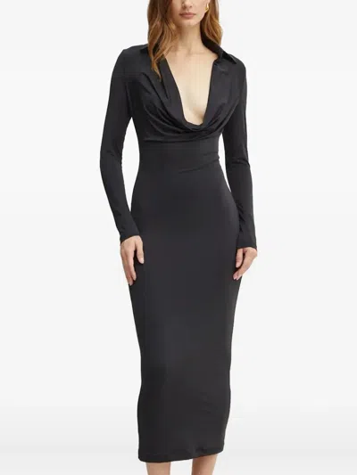 Bardot Cowl-neck Long-sleeve Midi Dress In Black